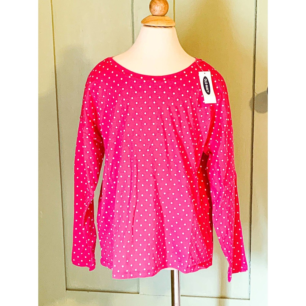 Girls’ Size M (8) Old Navy Softest Tee Long-Sleeve Top – NWT – Pink, White Dots
